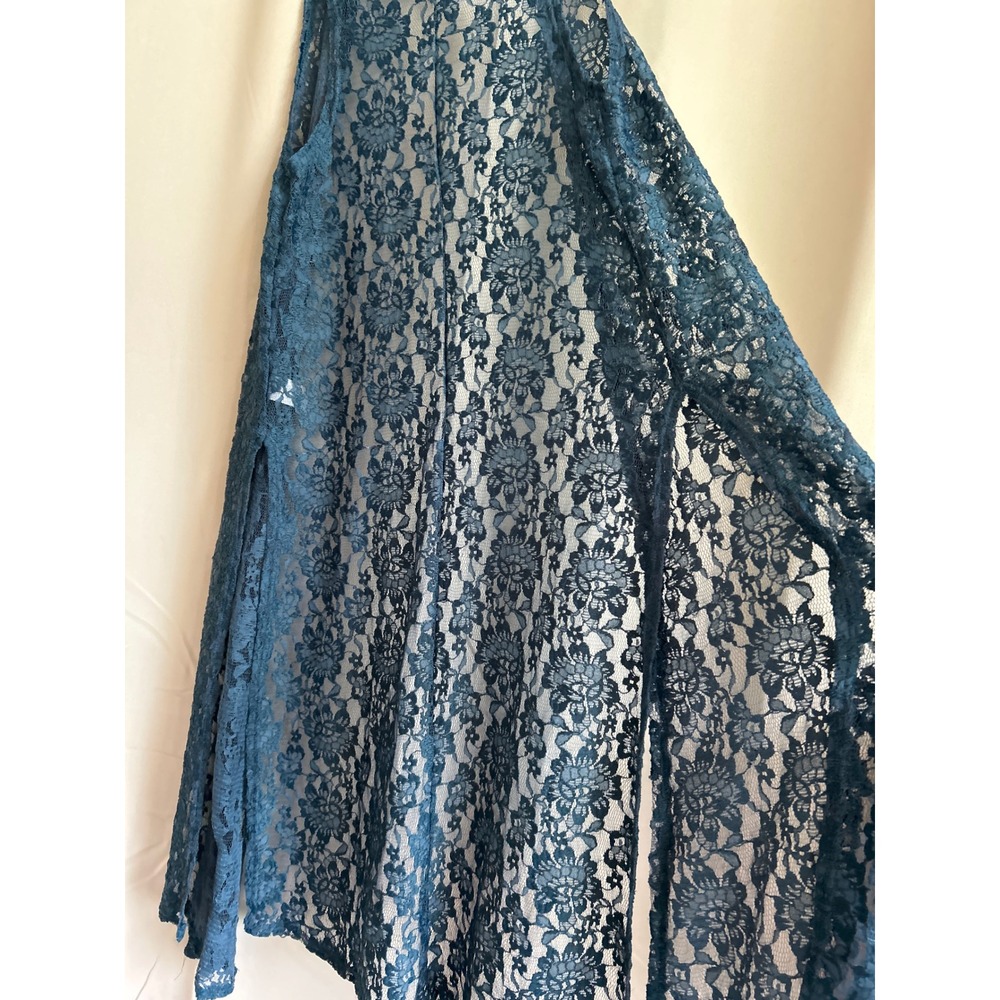 LuLaRoe Joy Vest Womens XS Teal Blue Floral Lace Sleeveless Longline Open Front